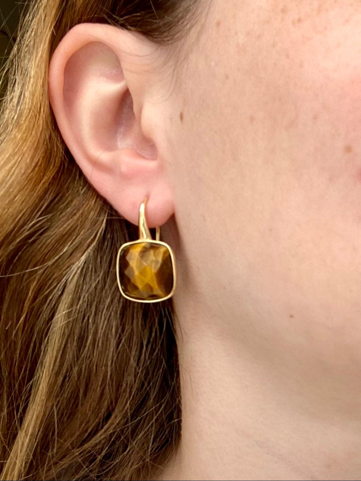 Artisan Yellow Gold Chandelier Earring with a Tiger Eye Stone For Sale