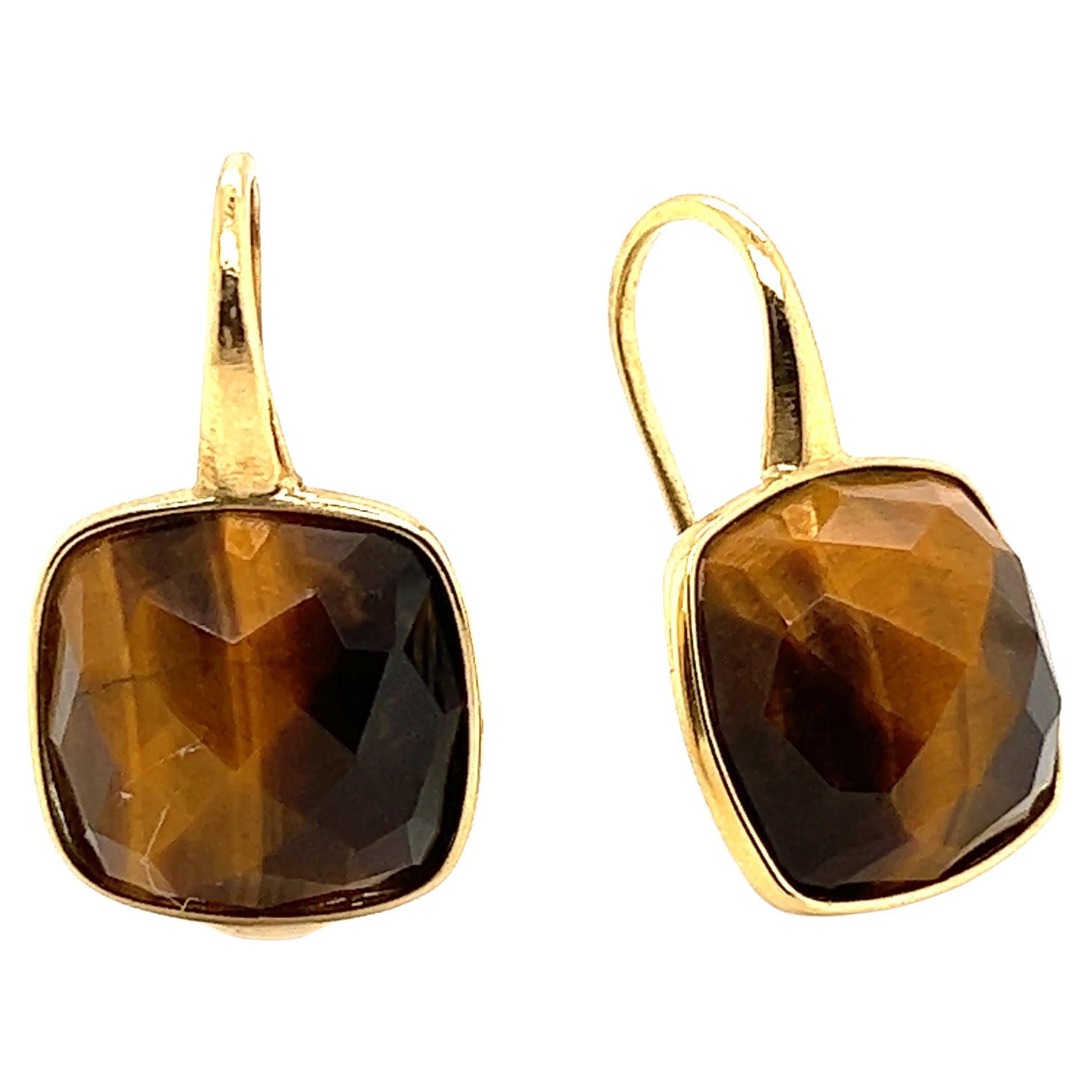 Yellow Gold Chandelier Earring with a Tiger Eye Stone For Sale