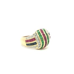Yellow Gold Channel Set Sapphire Ruby Emerald & Diamond Domed Knot Band Ring