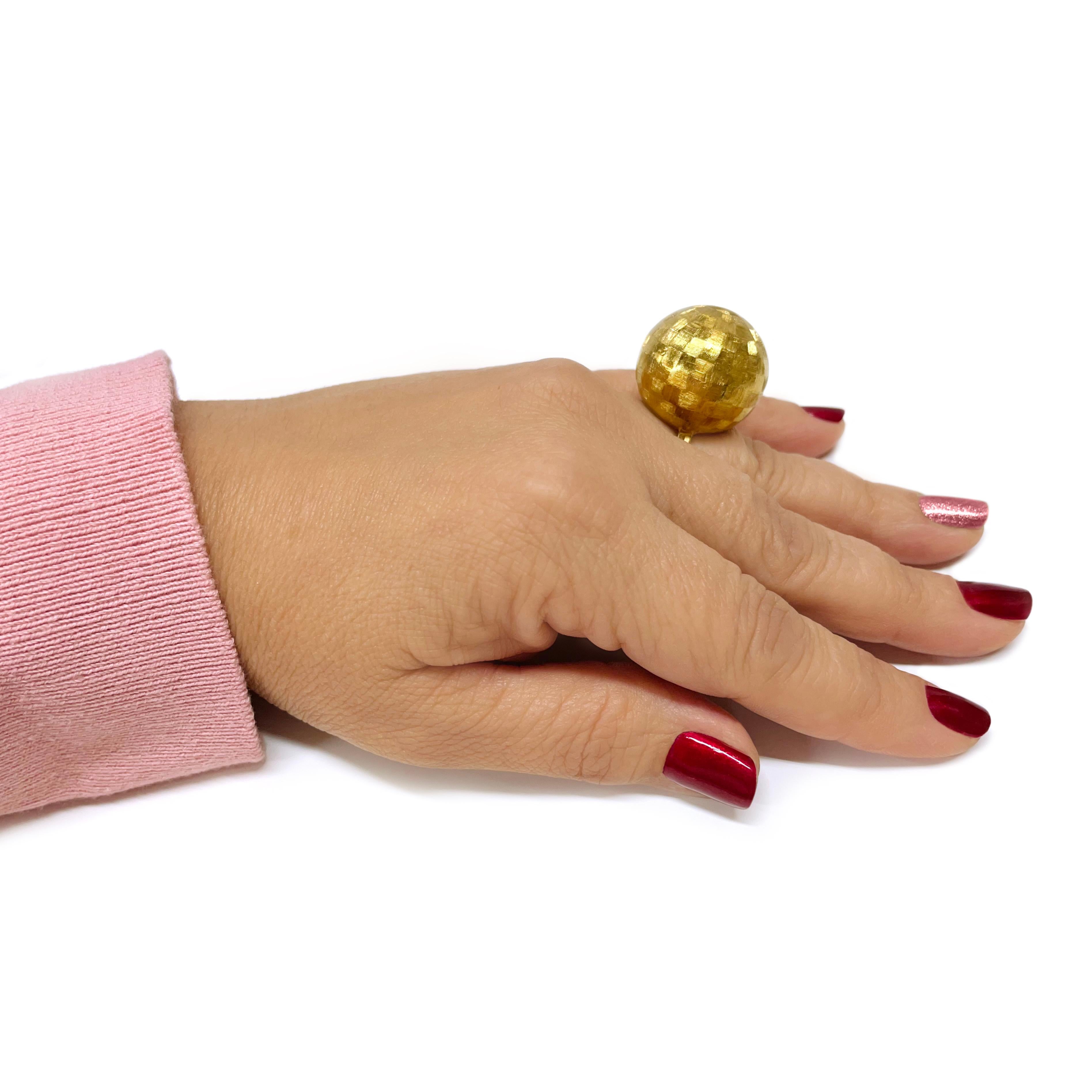 Yellow Gold Checkerboard Pattern Dome Ring For Sale 1