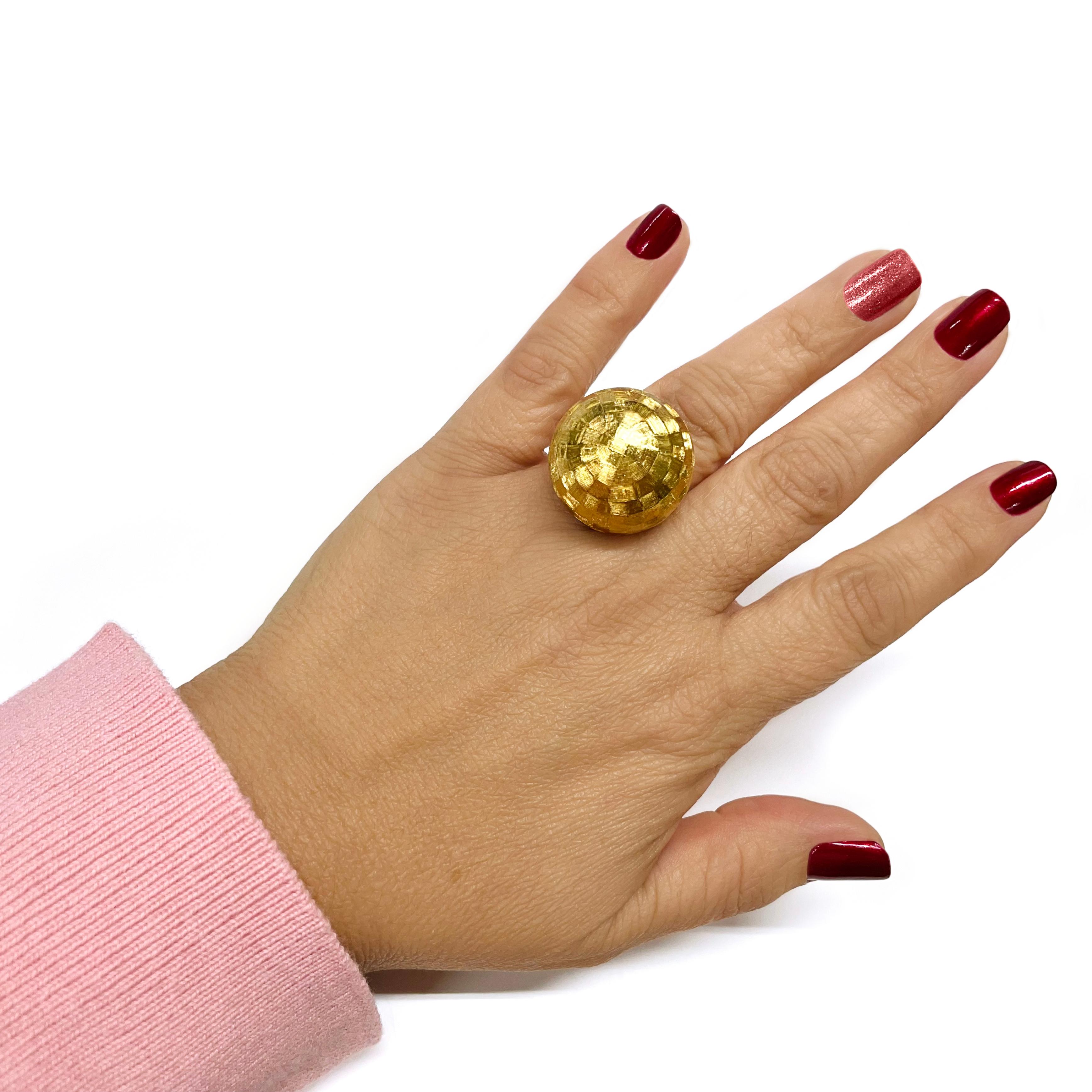 Yellow Gold Checkerboard Pattern Dome Ring For Sale 2