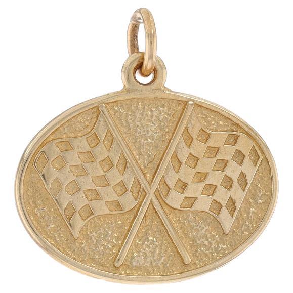 Yellow Gold Checkered Flags Charm 14k Racing Finish Line Winner's Circle Pendant For Sale