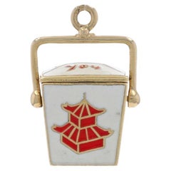 Yellow Gold Chinese Food Takeout Box Charm - 14k White & Red Enamel Moves