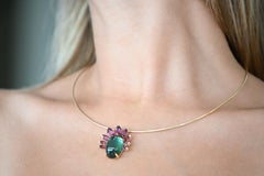 Yellow Gold Choker Necklace with Green Tourmaline and Rhodolite Garnet