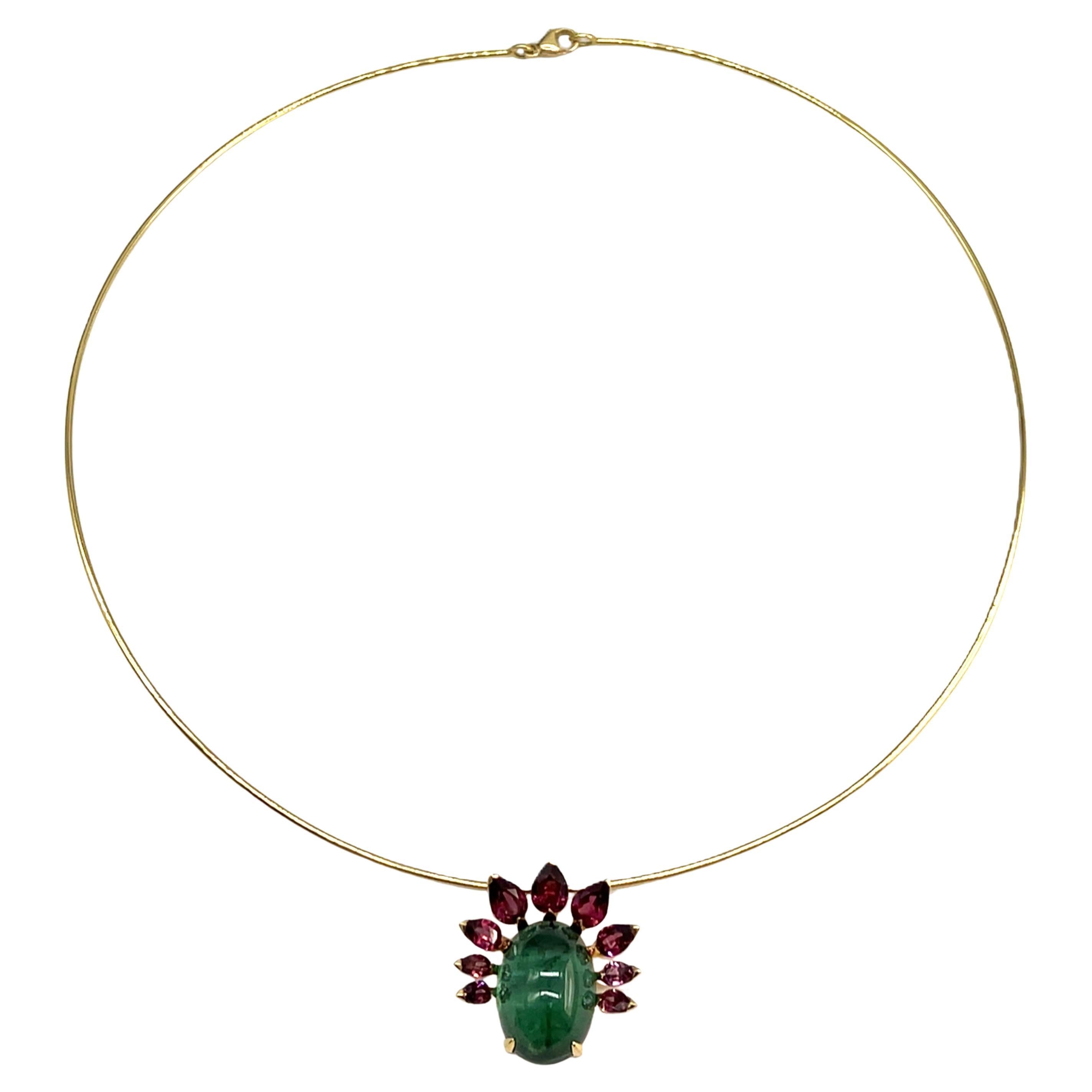 Collana girocollo in oro giallo con tormalina verde e granato rodolite in vendita