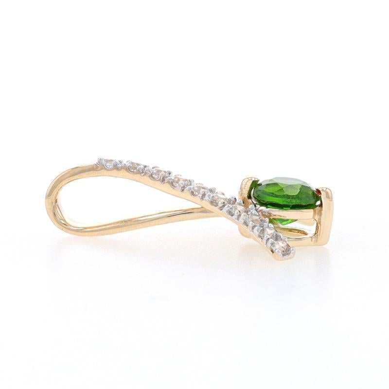 Round Cut Yellow Gold Chrome Diopside & White Topaz Pendant - 10k Round .80ctw Ribbon Loop For Sale