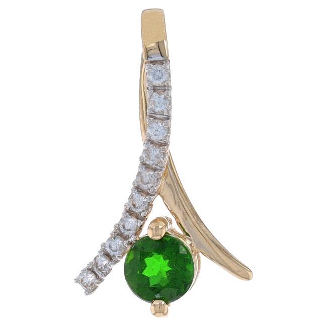Yellow Gold Chrome Diopside & White Topaz Pendant - 10k Round .80ctw Ribbon Loop For Sale