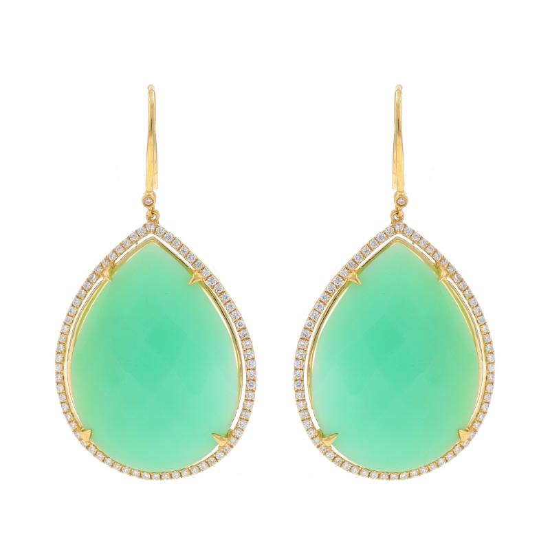 Metal Content: 18k Yellow Gold

Stone Information

Natural Chrysoprase
Color: Green

Natural Diamonds
Carat(s): .68ctw
Cut: Round Brilliant
Color: F - G
Clarity: VS1 - VS2

Total Carats: .68ctw

Style: Halo Dangle
Fastening Type: Fishhook