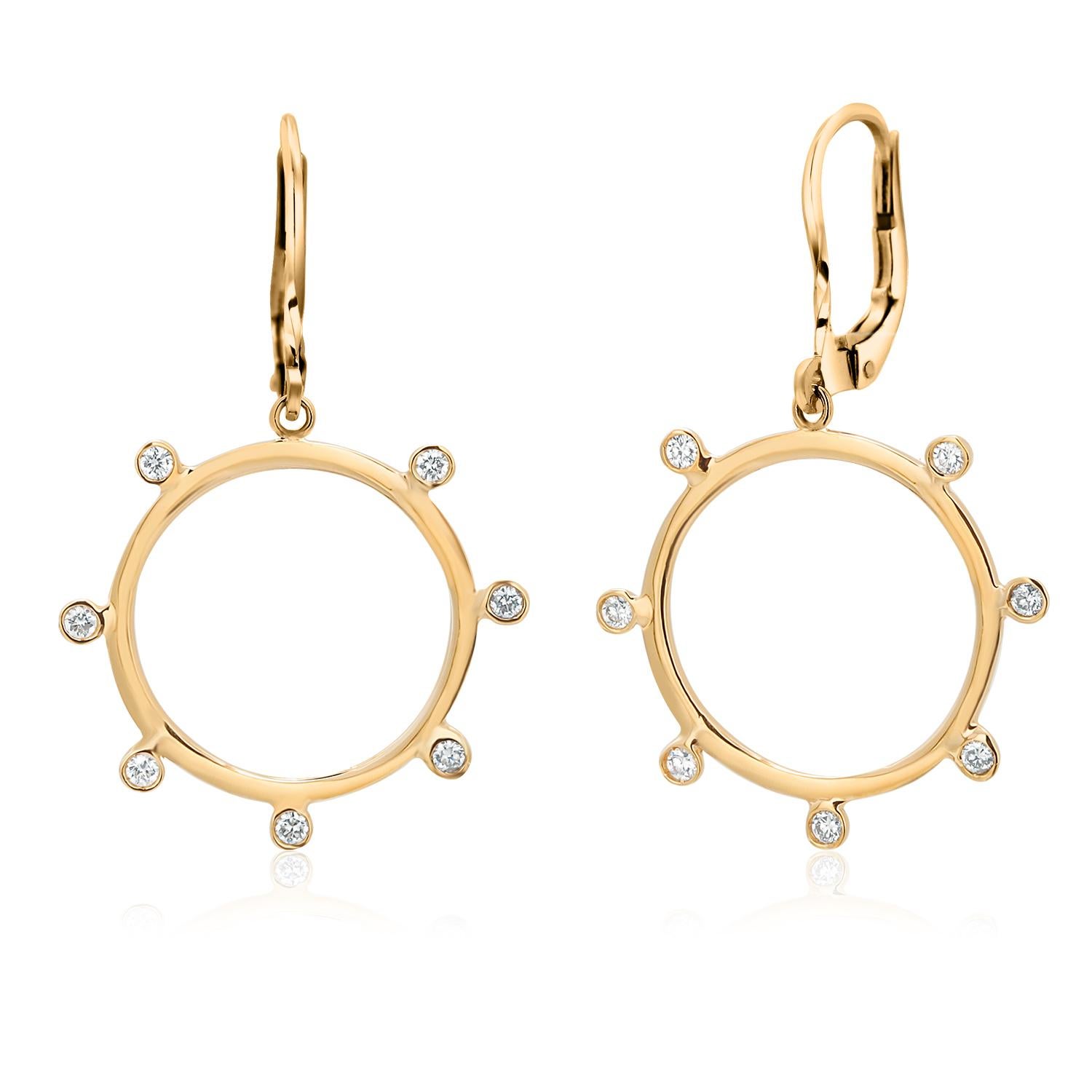 Contemporary Yellow Gold Circle 0.95 Inch Wide Bezel Diamonds 0.28 Carat 1.5 Inch Earrings  For Sale
