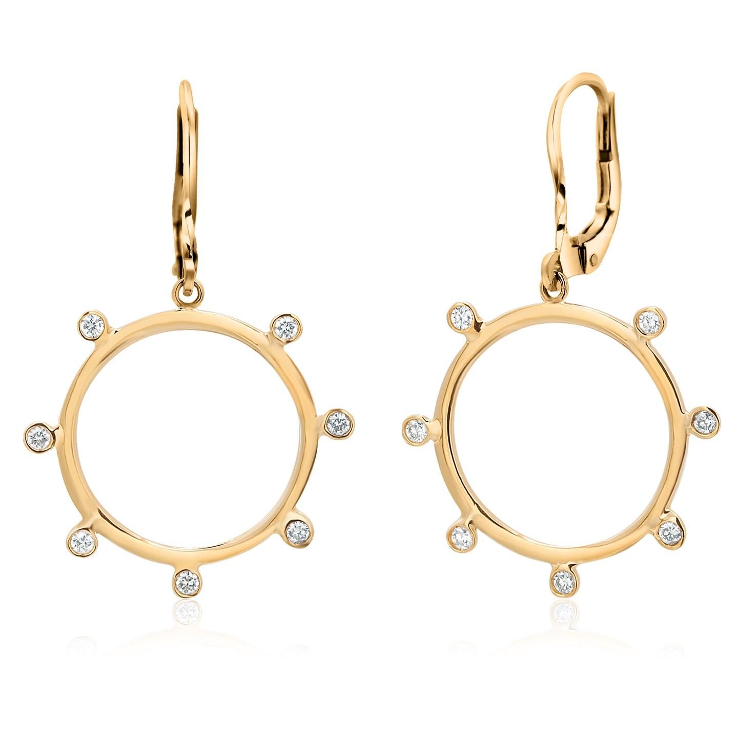 Yellow Gold Circle 0.95 Inch Wide Bezel Diamonds 0.28 Carat 1.5 Inch Earrings  For Sale 1