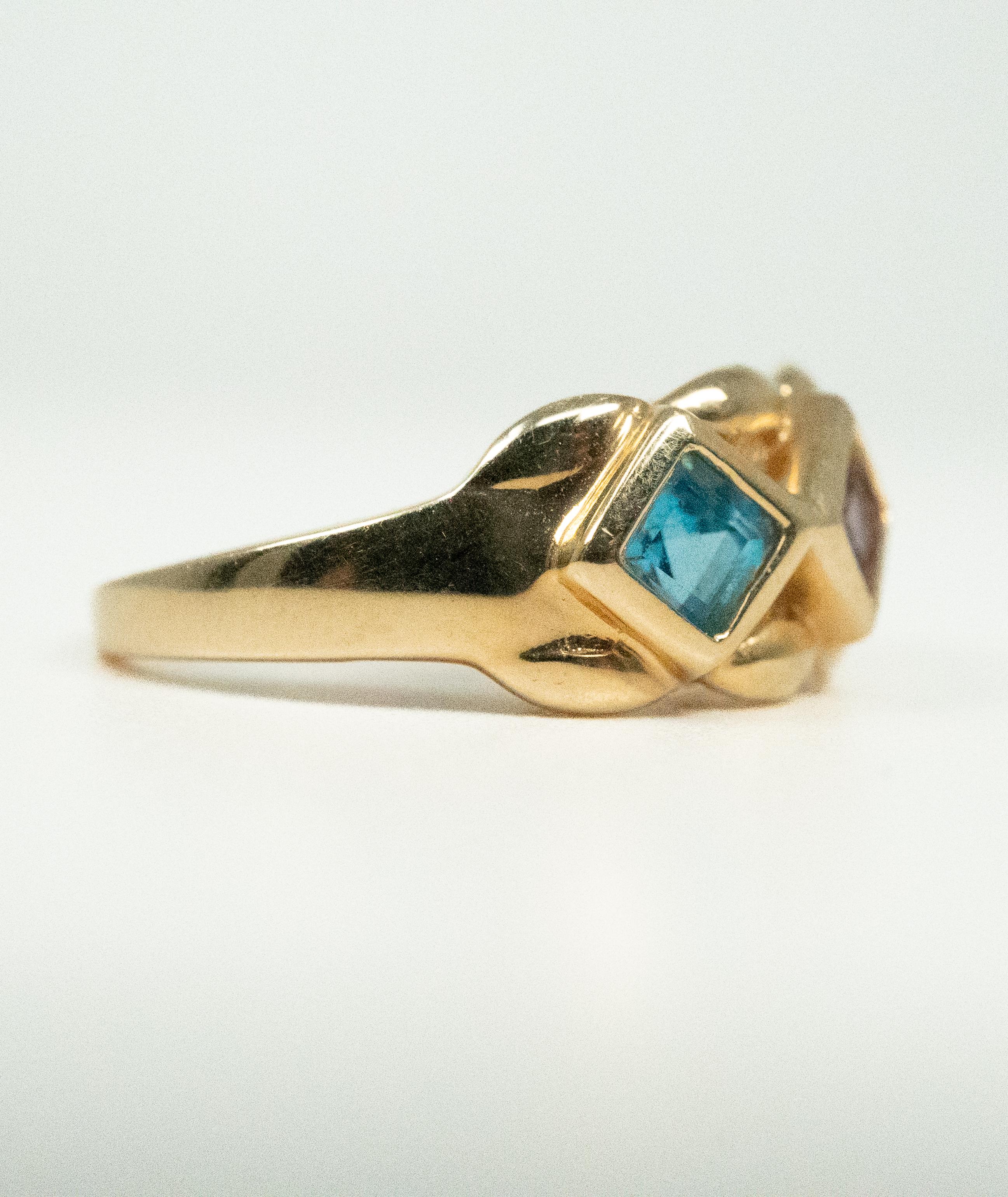 Square Cut Yellow Gold, Citrine, Amethyst and Topaz Ring For Sale