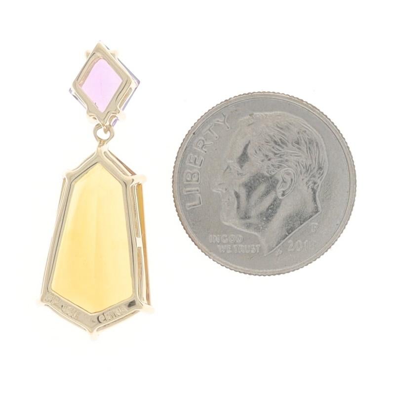 Yellow Gold Citrine & Amethyst Drop Pendant - 14k Shield 6.56ctw Geometric In Excellent Condition For Sale In Greensboro, NC