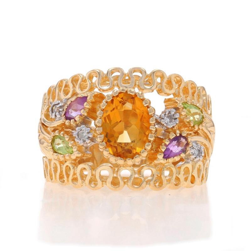 Size: 7
Sizing Fee: Up 1 1/2 sizes for $40 or Down 1 size for $40

Metal Content: 14k Yellow Gold & 14k White Gold

Stone Information

Natural Citrine
Treatment: Heating
Carat(s): 1.25ct
Cut: Oval
Color: Yellow

Natural Amethysts
Carat(s):
