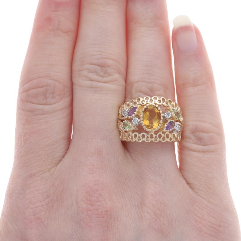 Oval Cut Yellow Gold Citrine, Amethyst, & Peridot Ring - 14k Oval 1.57ctw Floral For Sale
