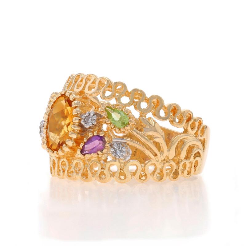 Yellow Gold Citrine, Amethyst, & Peridot Ring - 14k Oval 1.57ctw Floral In Excellent Condition For Sale In Greensboro, NC