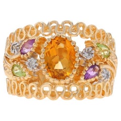 Bague en or jaune 14 carats avec citrine, améthyste et péridots, motif floral ovale 1,57 carat
