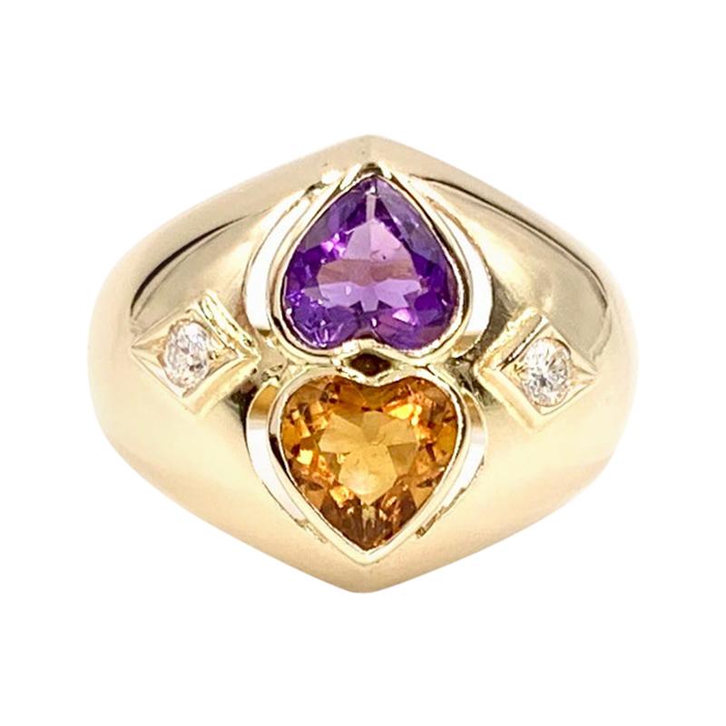 Yellow Gold Citrine and Amethyst Wide Ring