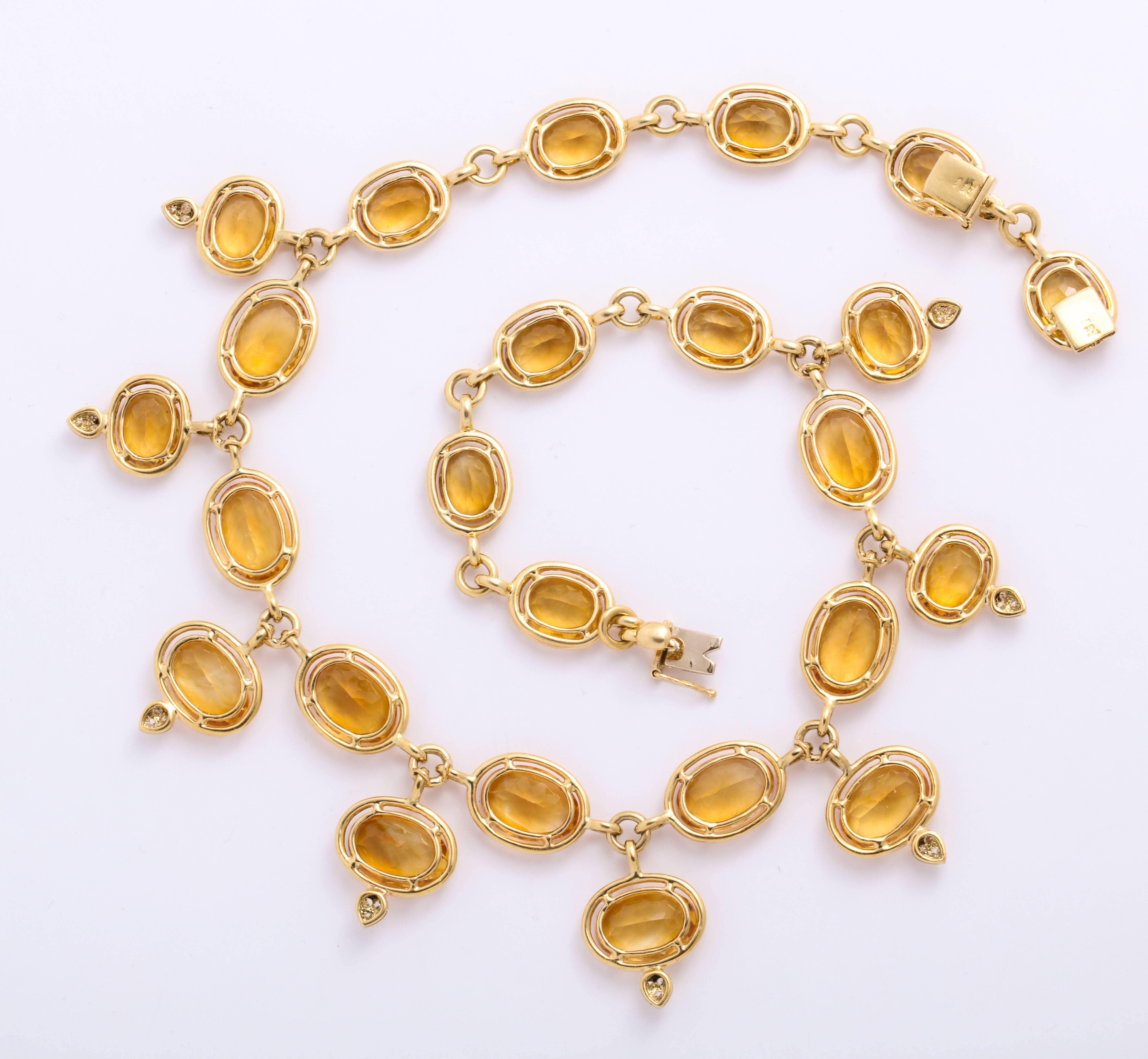 Oval Cut Yellow Gold, Citrine and Diamond Link Necklace
