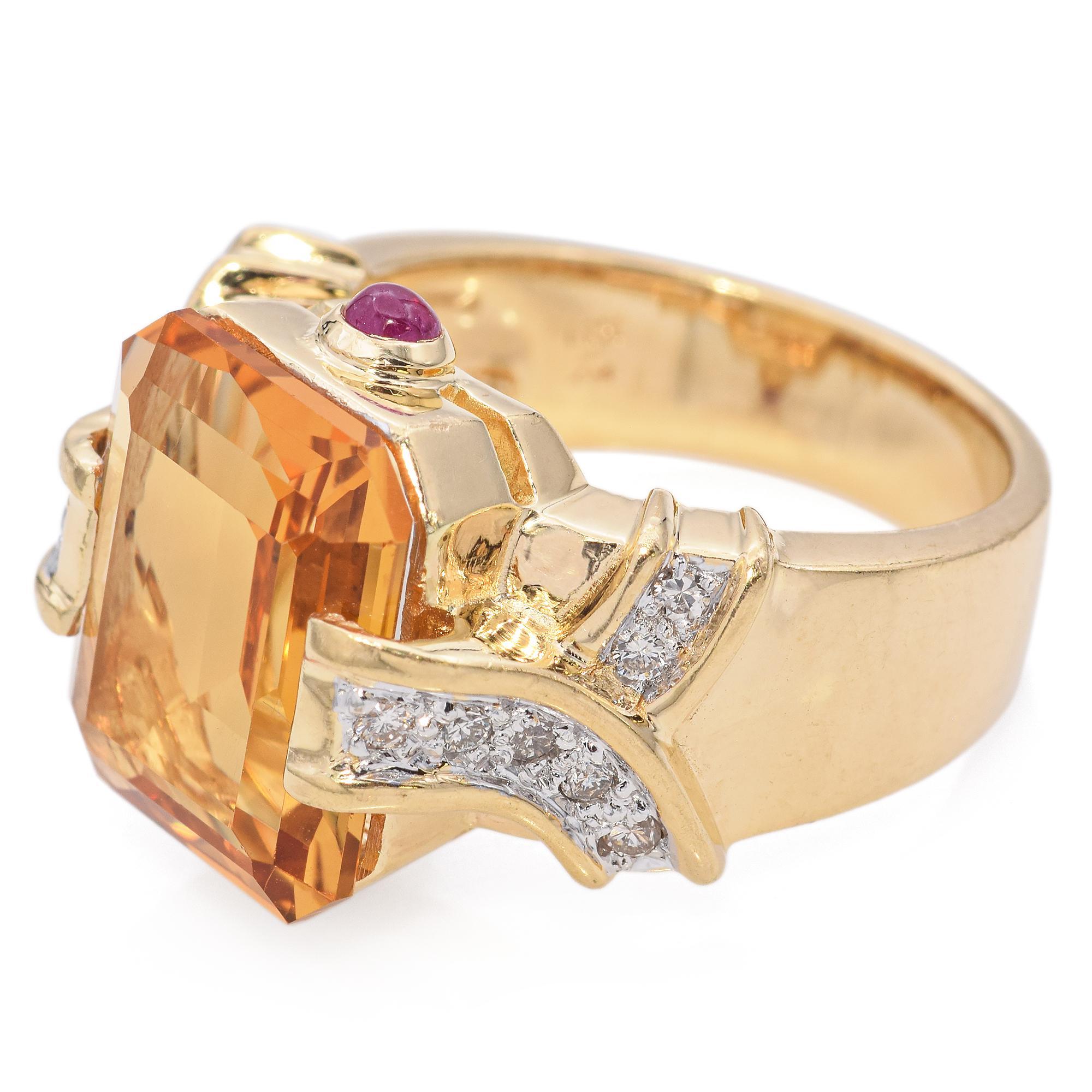 Emerald Cut Yellow Gold Citrine and Diamond Retro Cocktail Ring For Sale