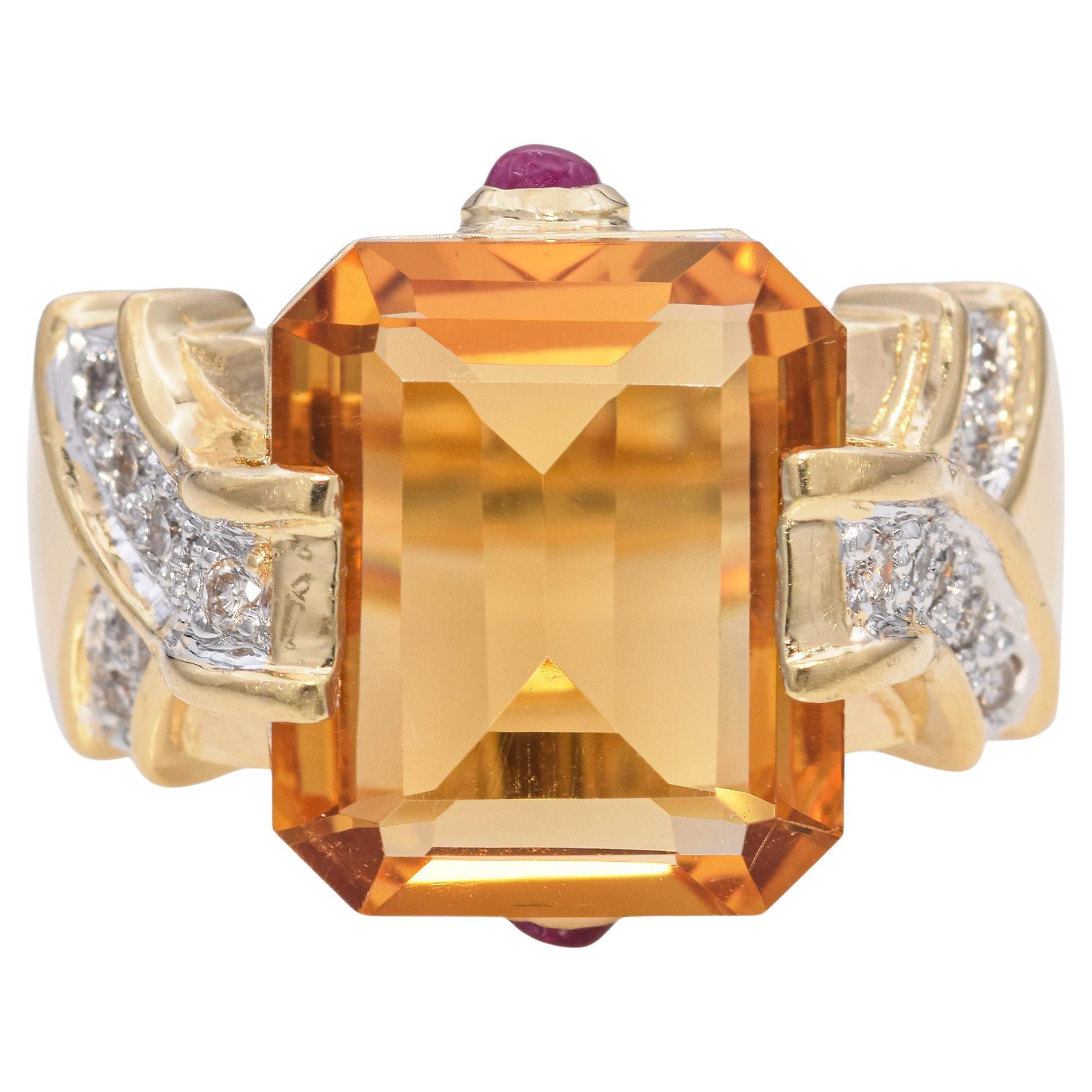 Yellow Gold Citrine and Diamond Retro Cocktail Ring