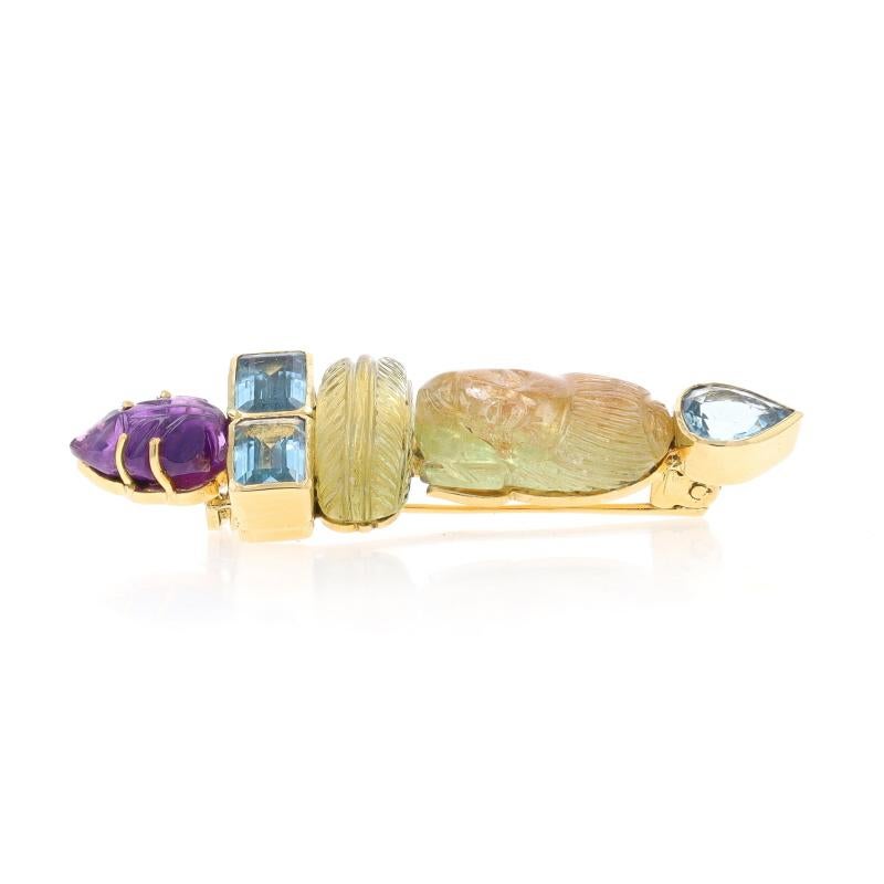 Pear Cut Yellow Gold Citrine Aquamarine Buddha Head Brooch - 18k 5.80ctw Carved Pin For Sale