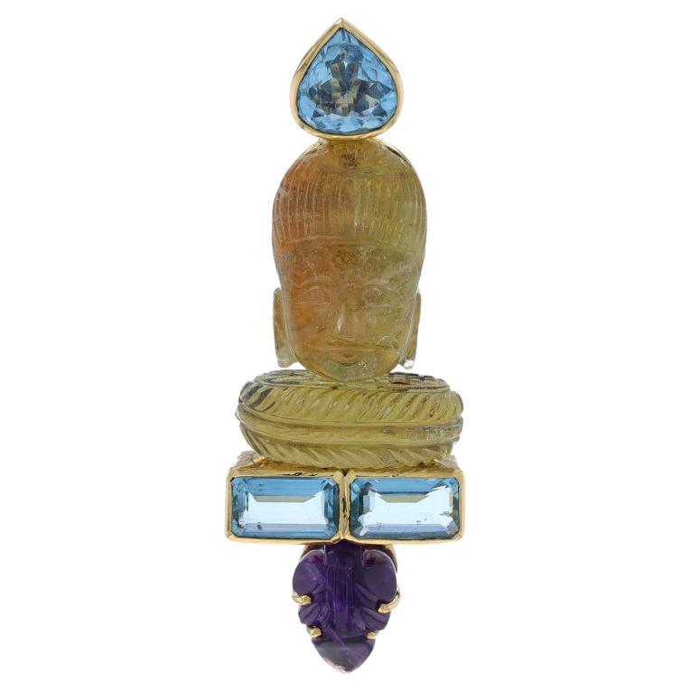 Yellow Gold Citrine Aquamarine Buddha Head Brooch - 18k 5.80ctw Carved Pin