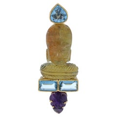 Yellow Gold Citrine Aquamarine Buddha Head Brooch - 18k 5.80ctw Carved Pin