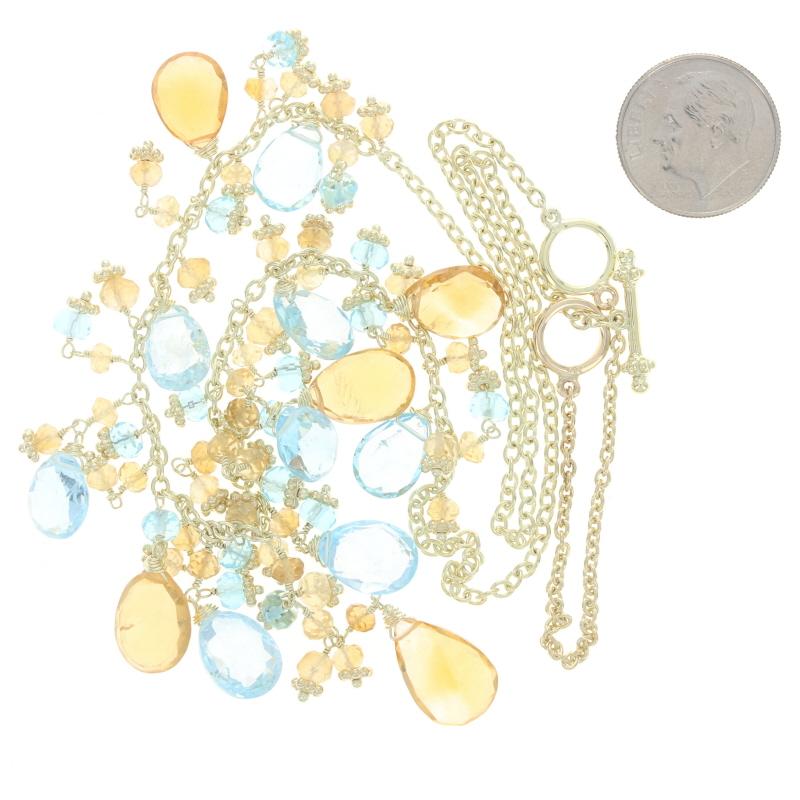 Women's Yellow Gold Citrine & Blue Topaz Necklace 14k Pear Briolette 38.45ctw Adjustable For Sale
