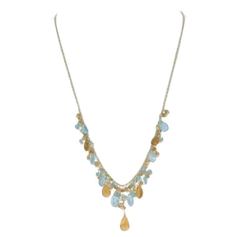 Yellow Gold Citrine & Blue Topaz Necklace 14k Pear Briolette 38.45ctw Adjustable For Sale