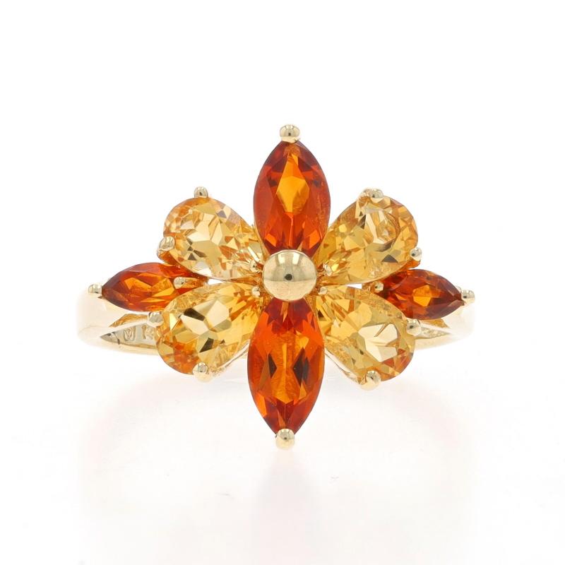 Size: 8 1/4
Sizing Fee: Up 1 1/2 sizes for $35 or Down 1 size for $30

Metal Content: 14k Yellow Gold

Stone Information

Natural Citrines
Treatment: Heating
Carat(s): 1.57ctw
Cut: Marquise & Pear
Color: Orange & Yellow

Total Carats: