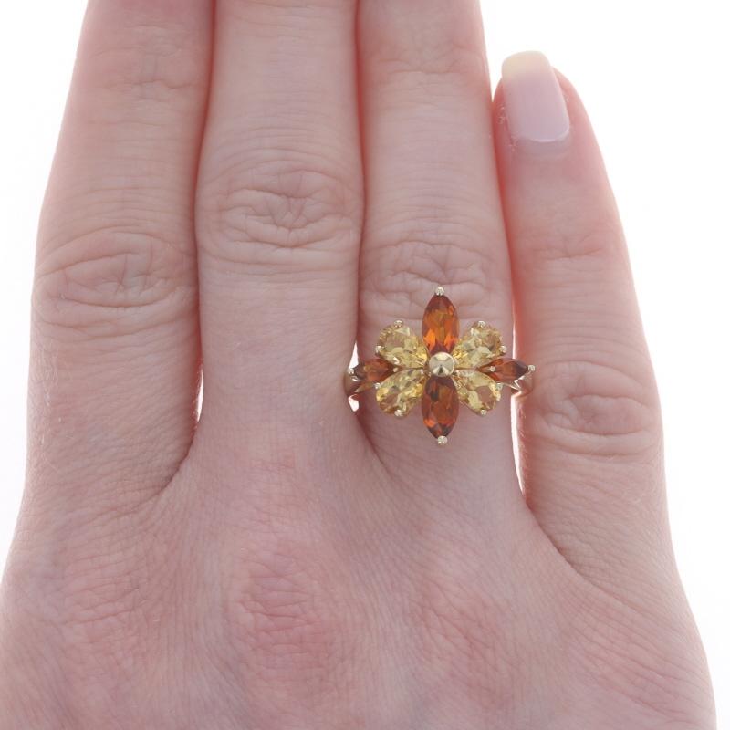Marquise Cut Yellow Gold Citrine Cluster Cocktail Ring - 14k Marquise & Pear 1.57ctw Flower For Sale