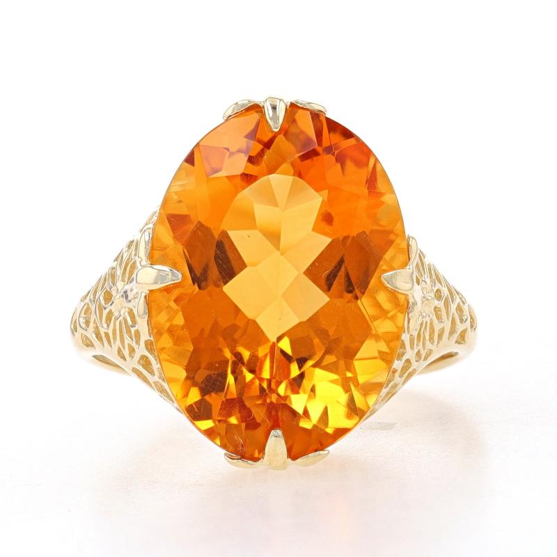 Size: 9
Sizing Fee: Up 2 sizes for $35 or Down 3 sizes for $30

Metal Content: 10k Yellow Gold

Stone Information

Natural Citrine
Treatment: Heating
Carat(s): 10.45ct
Cut: Oval
Color: Orange
Size: 19mm x 13mm

Total Carats: 10.45ct

Style: Cocktail
