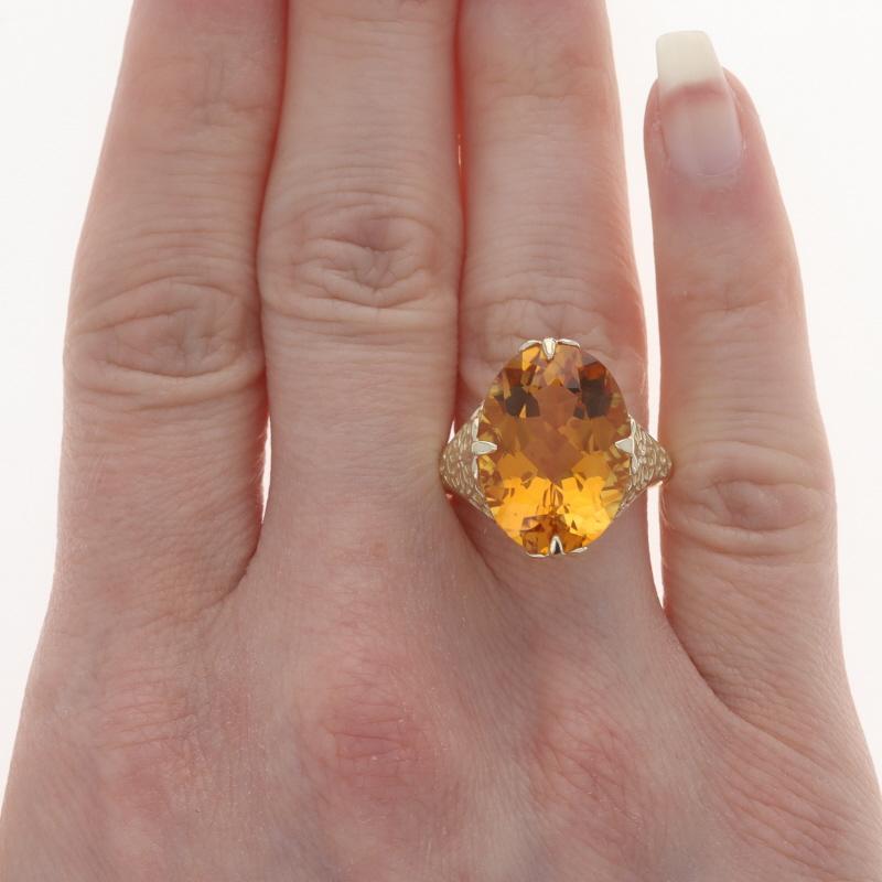 Oval Cut Yellow Gold Citrine Cocktail Solitaire Ring - 10k Oval 10.45ct Floral Filigree
