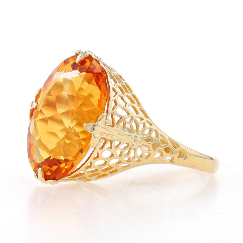 Yellow Gold Citrine Cocktail Solitaire Ring - 10k Oval 10.45ct Floral Filigree In Excellent Condition In Greensboro, NC