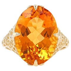 Yellow Gold Citrine Cocktail Solitaire Ring - 10k Oval 10.45ct Floral Filigree