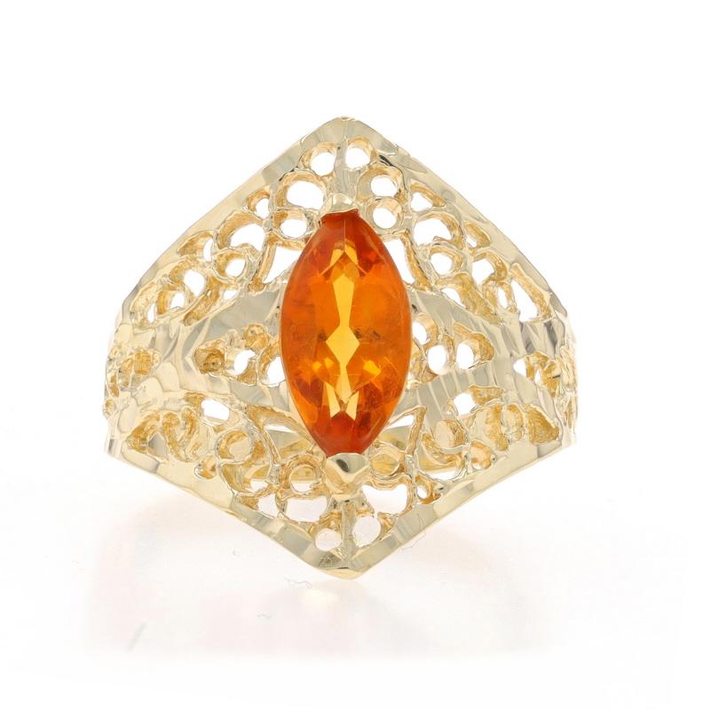 Size: 6
Sizing Fee: Up 2 sizes for $30 or Down 1 size for $30

Metal Content: 14k Yellow Gold

Stone Information

Natural Citrine
Treatment: Heating
Carat(s): .90ct
Cut: Marquise
Color: Orange

Total Carats: .90ct

Style: Cocktail