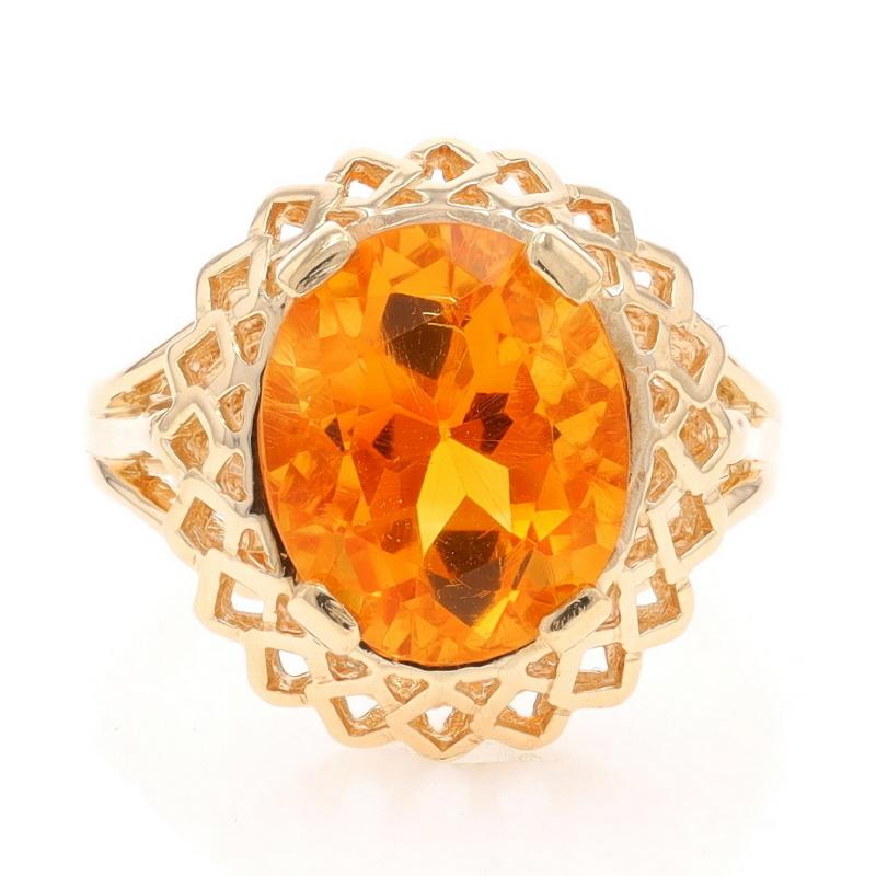 Size: 7
Sizing Fee: Up 3 sizes for $35 or Down 2 sizes for $35

Metal Content: 14k Yellow Gold

Stone Information

Natural Citrine
Treatment: Heating
Carat(s): 4.20ct
Cut: Oval
Color: Orange

Total Carats: 4.20ct

Style: Cocktail Solitaire
Features: