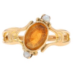Yellow Gold Citrine & Cultured Seed Pearl Edwardian Ring 10k Oval .71ct Antique