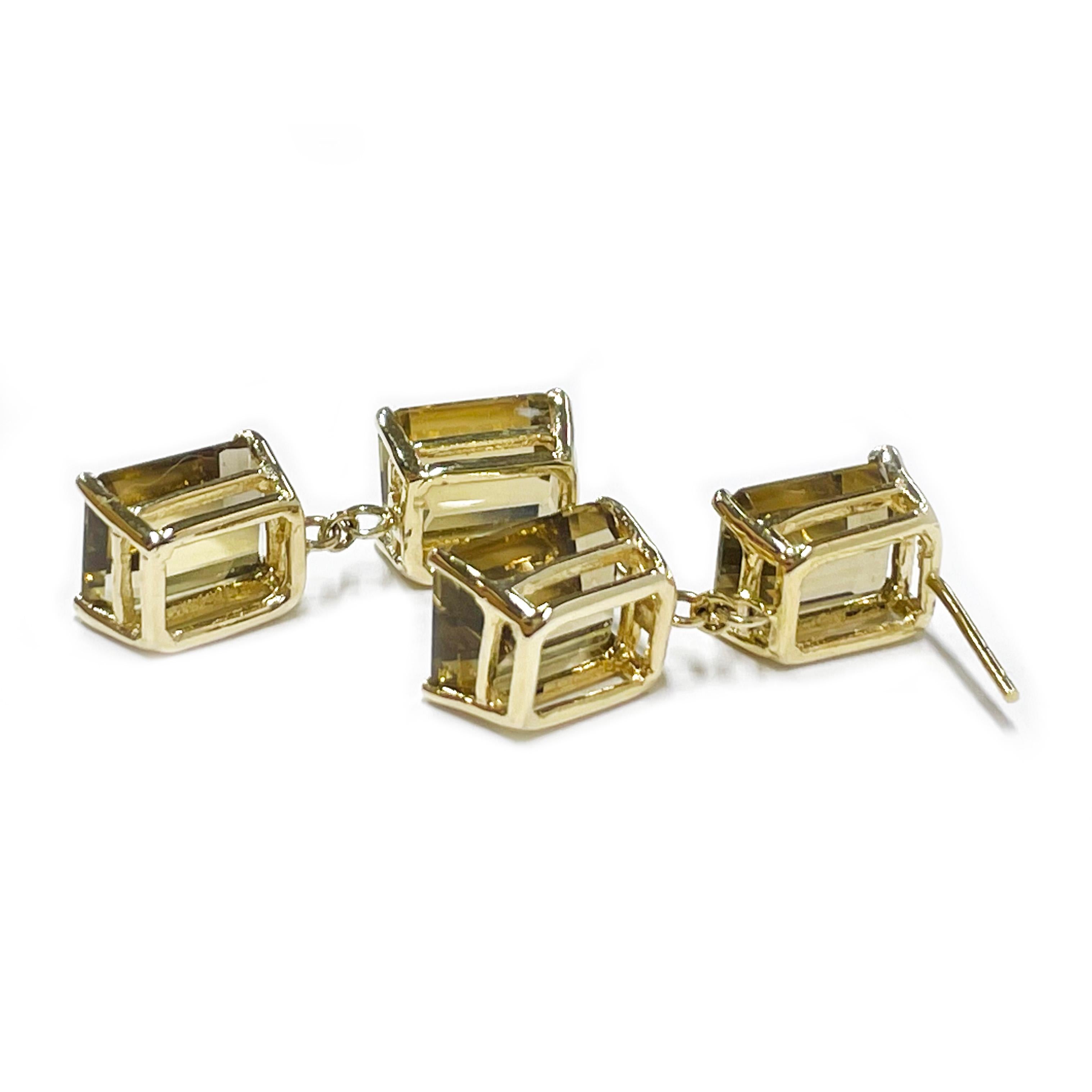 Emerald Cut Yellow Gold Citrine Dangle Earrings For Sale