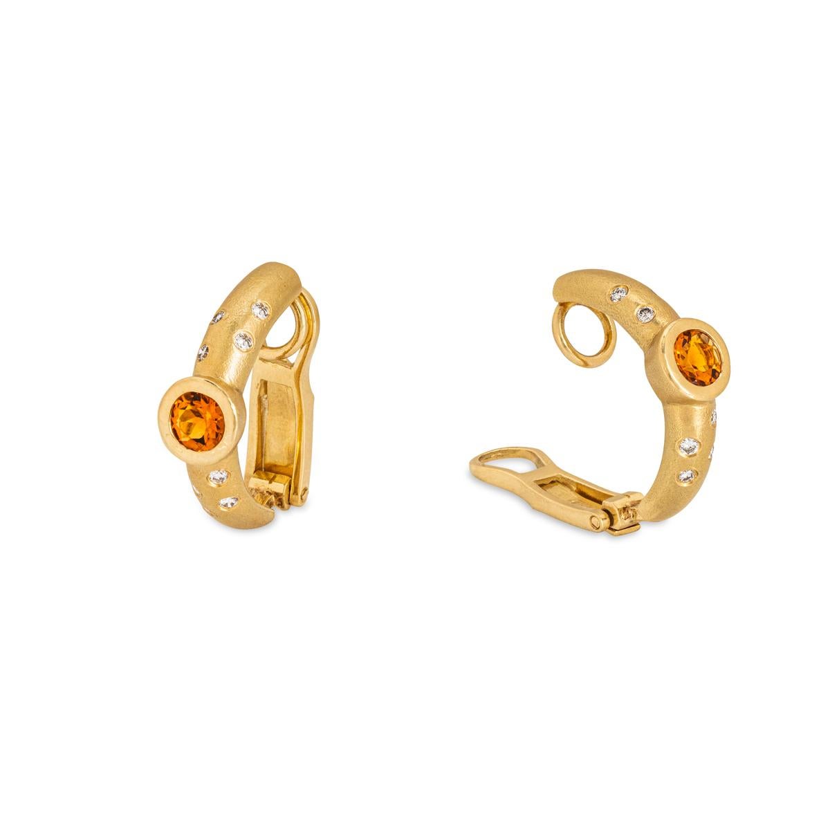 Round Cut Yellow Gold Citrine & Diamond Half Hoop Earrings For Sale