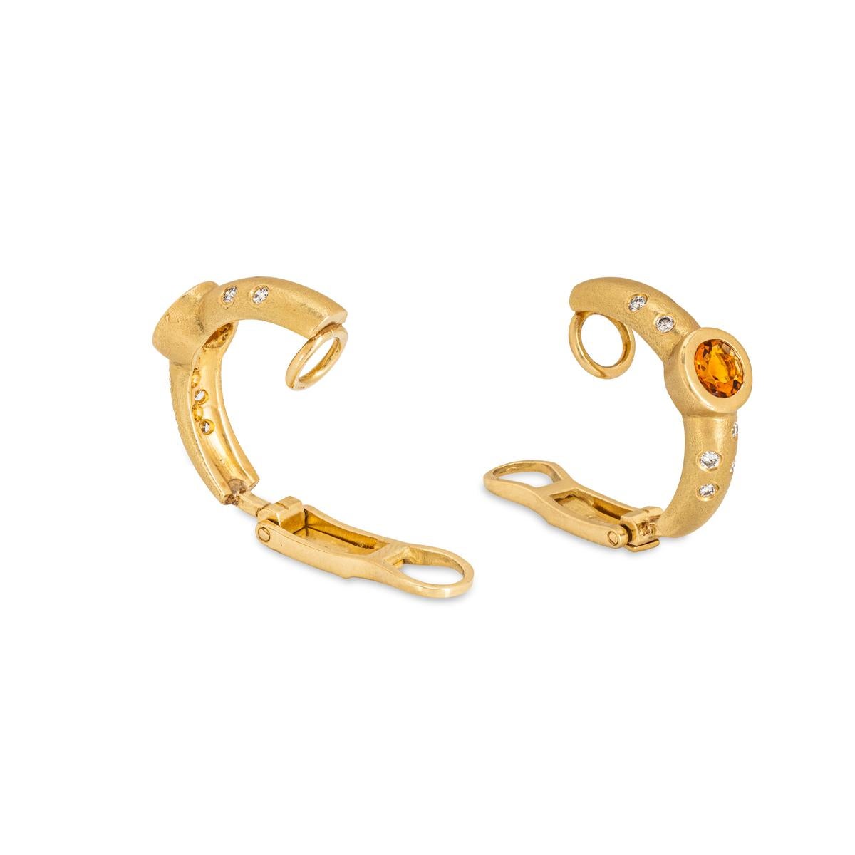 Yellow Gold Citrine & Diamond Half Hoop Earrings In Good Condition For Sale In London, GB