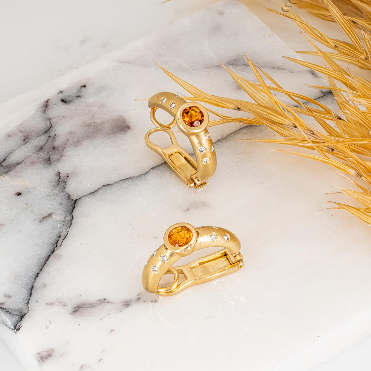 Yellow Gold Citrine & Diamond Half Hoop Earrings For Sale 1