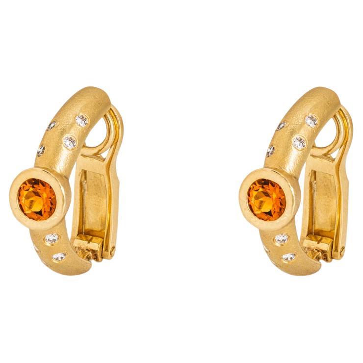 Yellow Gold Citrine & Diamond Half Hoop Earrings For Sale