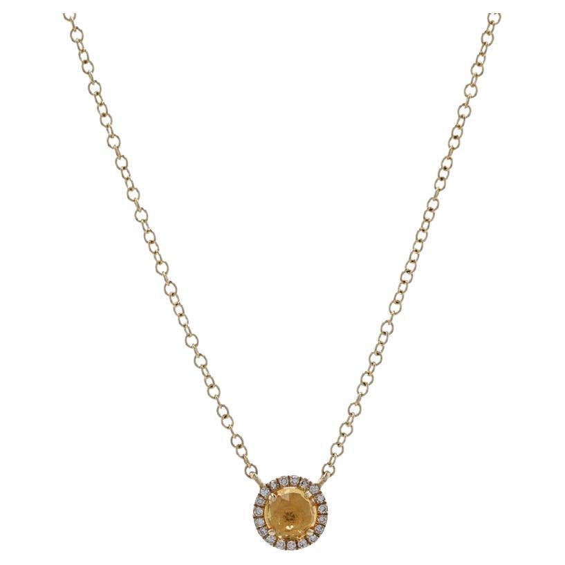 Yellow Gold Citrine & Diamond Halo Necklace - 14k Round Rose .46ctw Adjustable For Sale