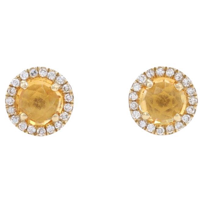 Yellow Gold Citrine & Diamond Halo Stud Earrings - 14k Round Rose .48ctw Pierced For Sale