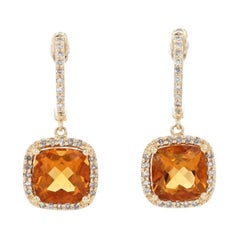 Antique Yellow Gold Citrine Diamond Huggie Hoop Halo Dangle Earrings 14k Cushion 3.10ctw