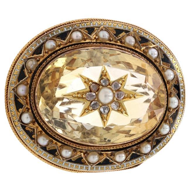 Yellow Gold Citrine Diamond Pearl Victorian Star Halo Brooch 14k Antique Pin For Sale
