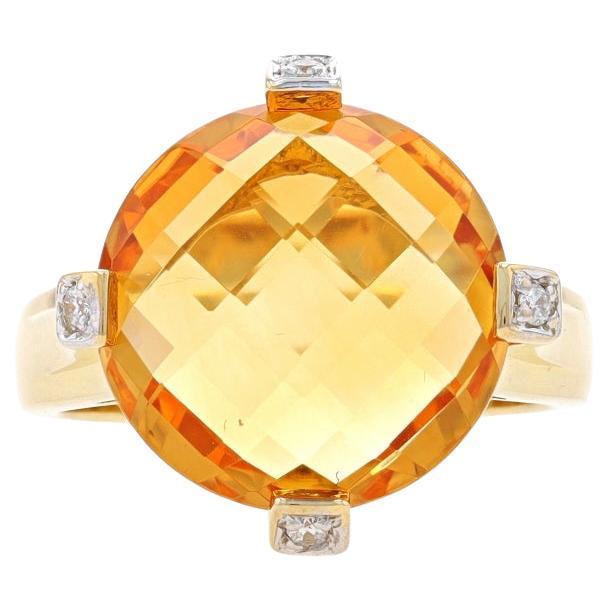 Yellow Gold Citrine & Diamond Ring 18k Double Checkerboard Rnd 6.16ctw Cocktail For Sale