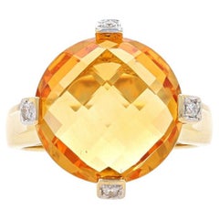Yellow Gold Citrine & Diamond Ring 18k Double Checkerboard Rnd 6.16ctw Cocktail