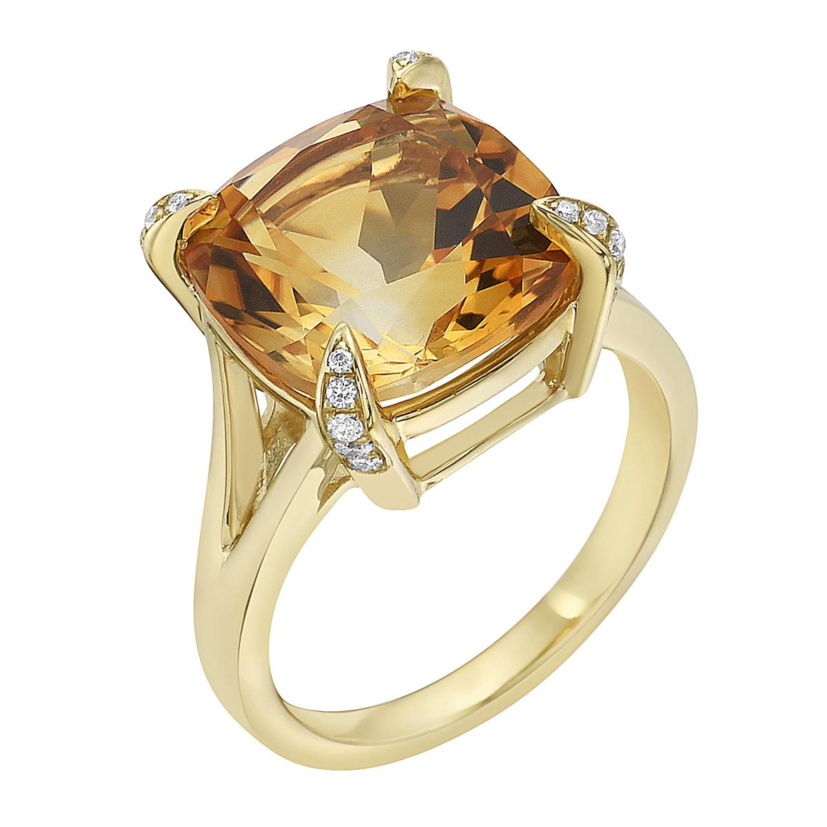 With this exquisite semi-precious yellow gold citrine diamond ring, style and glamour are in the spotlight. This 14-karat cushion cut ring is made from 4.9 grams of gold, 1 citrine totaling 6.24 karats, and is surrounded by 20 round SI1-SI2, GH